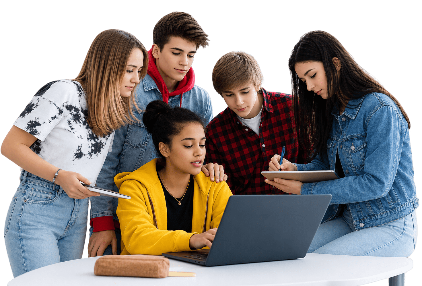 Five students collaborating on a laptop