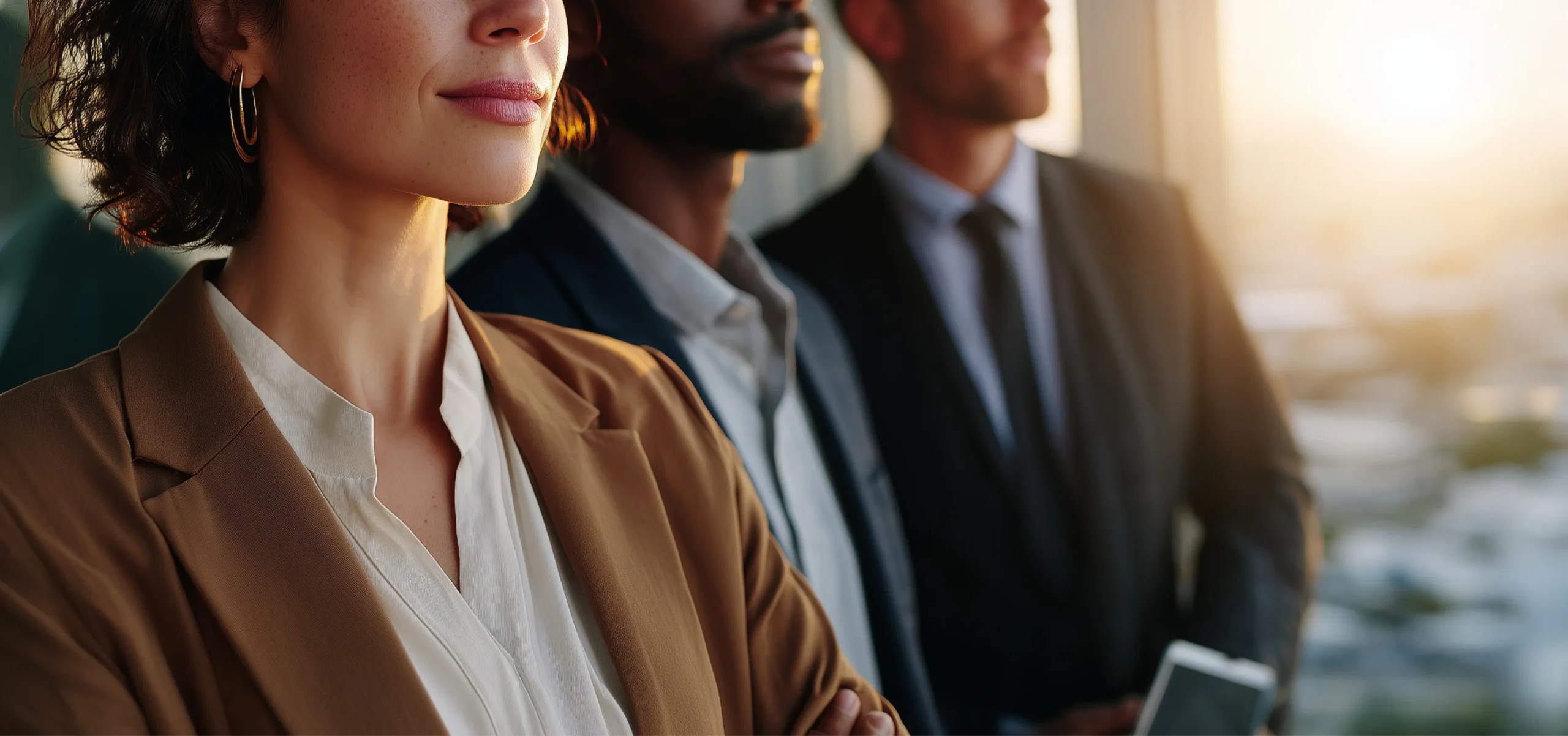 Three professionals stand together, looking out a window with a sunset in the background.